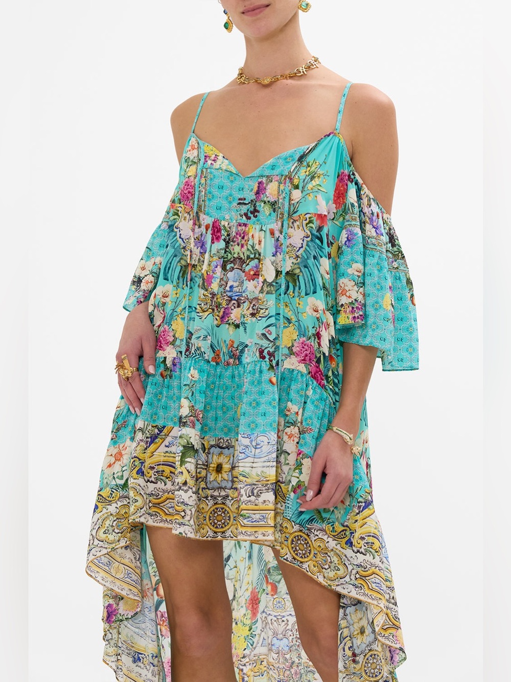 Camilla Turquoise Floral High-Low Cold-Shoulder Dress